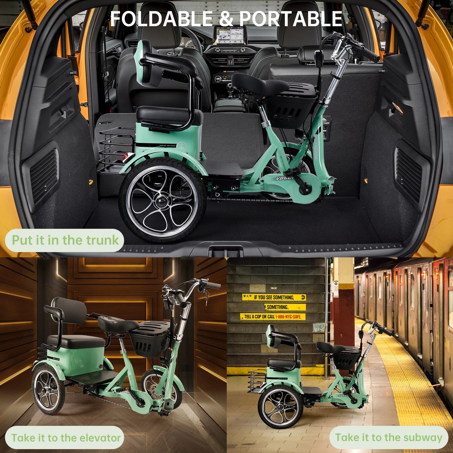 Artudatech 400W 48V 12A Elder Electric folding tricycle 3 wheel e-trike with Rear Seat