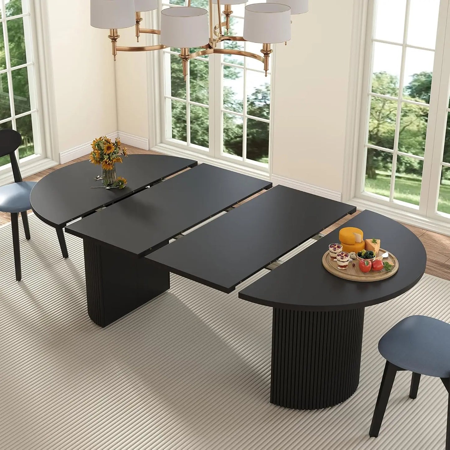 41 in-78 in Extendable Dining Room Table, 4-8, Round Expandable Table, Fluted Base, Modern Farmhouse