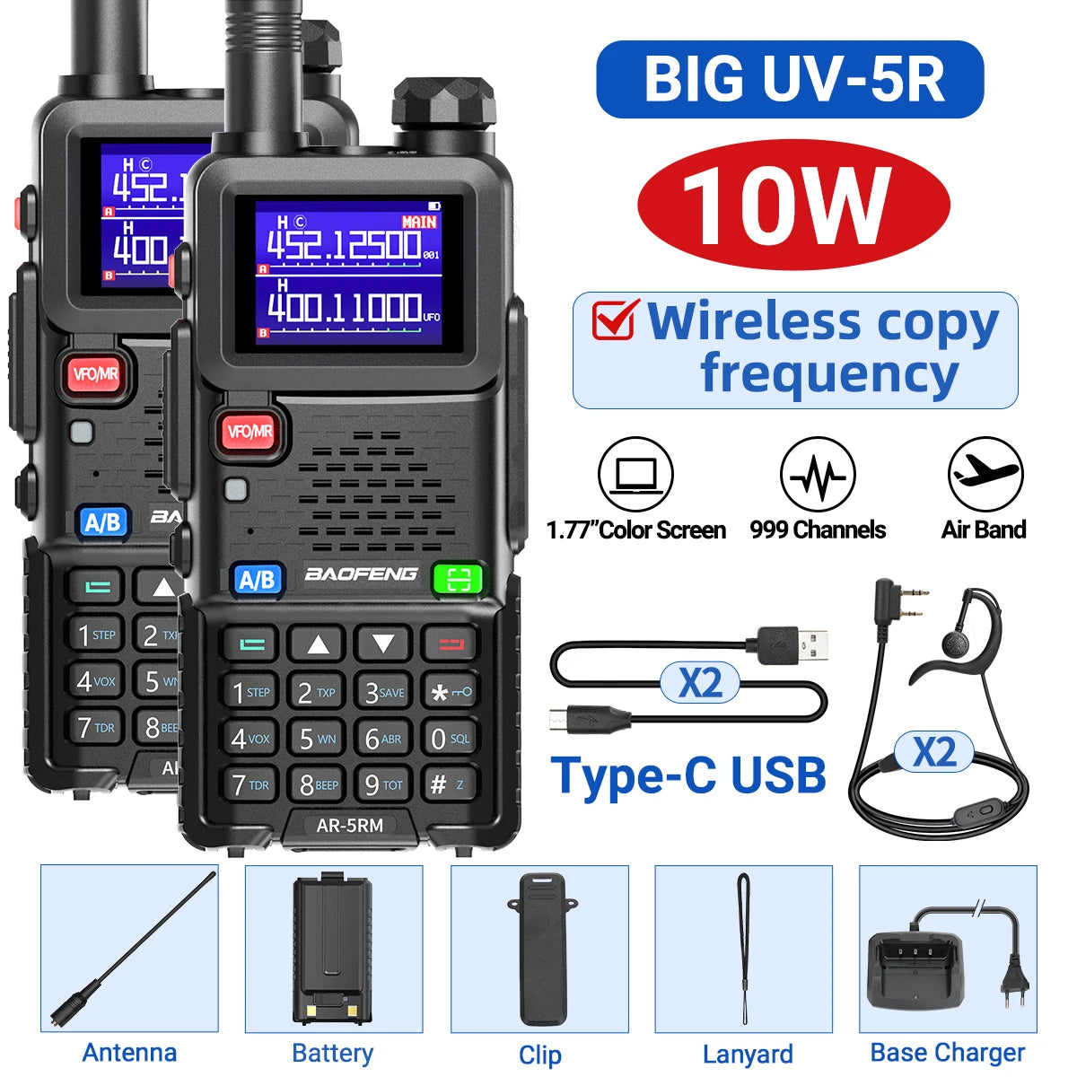 2PCS AR-5RM Multi Band Walkie Talkie,10W Wireless Copy Frequency 999CH 2500mAh UV-5RH Long Range Ham