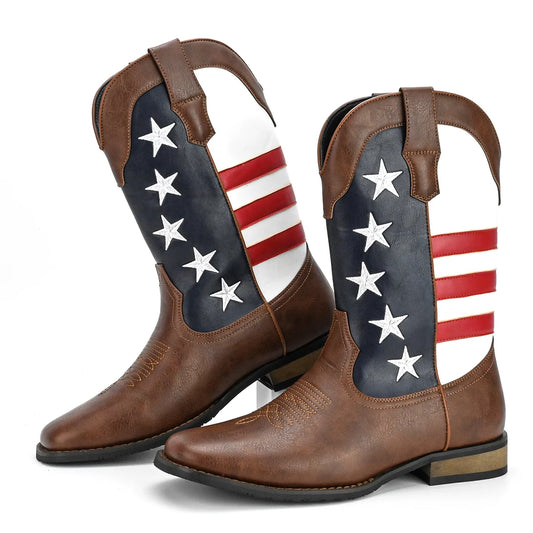 Men's Trendy High Top Cowboys Boots, Stars &Stripes, Non Slip Comfy Durable Outdoor Travel,Walking