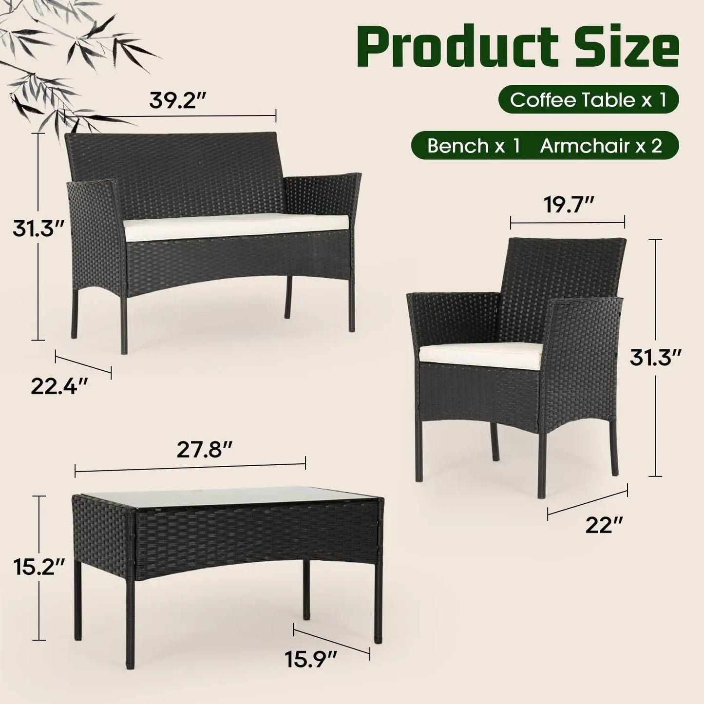 4-Piece Outdoor Patio Furniture Set, Coffee Table, Mod Rattan Chairs, Weather-Resistant patio/deck
