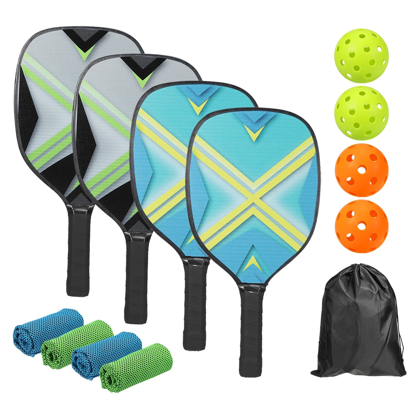 Pickleball Set, 4 Premium Wood  Rackets, 4  Balls, 4 Cooling Towels a Carry Bag for Men Women
