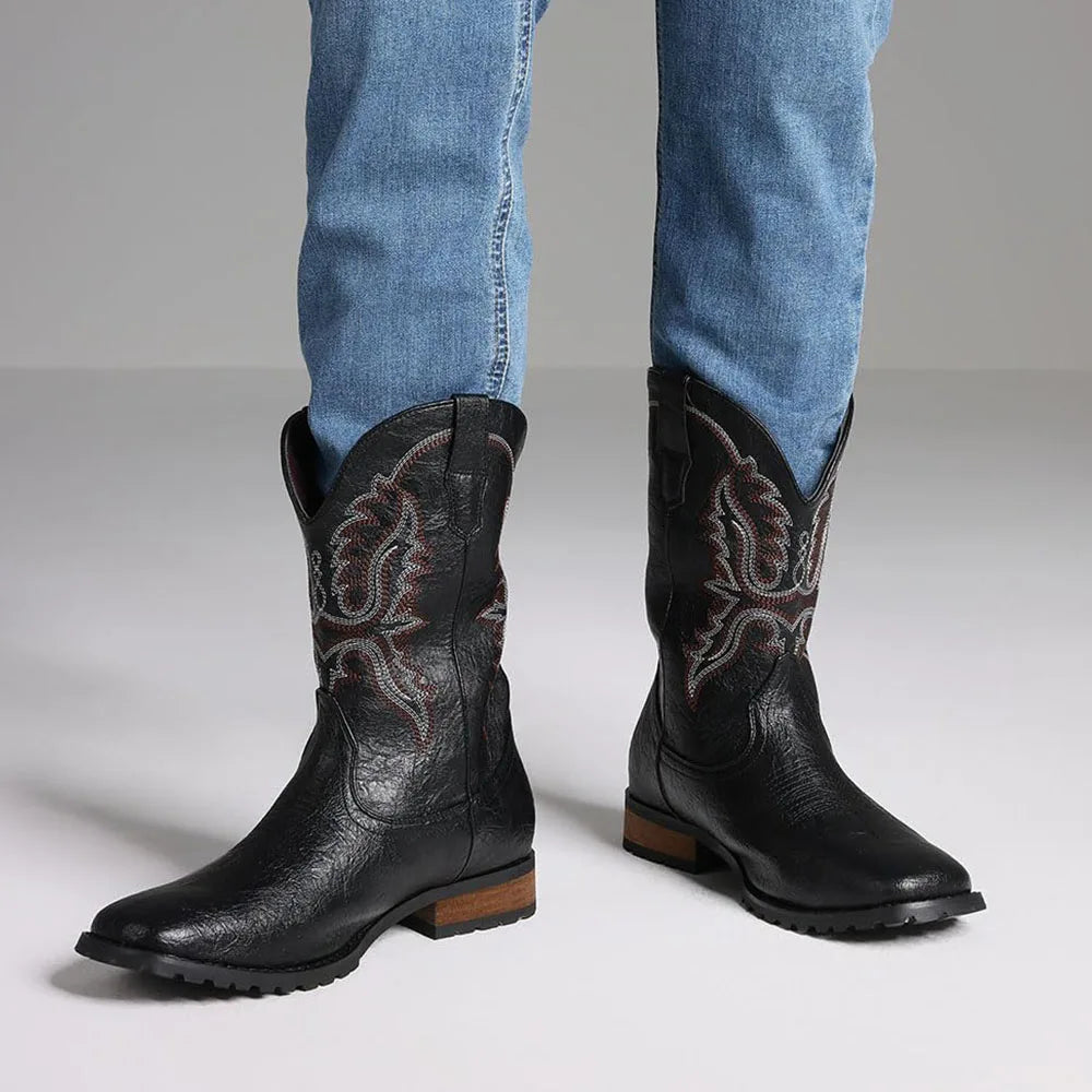 Plus size 12.5 New Fashion Retro Square Toe Neutral Cowboy Boots Luxury Embroidered Concise