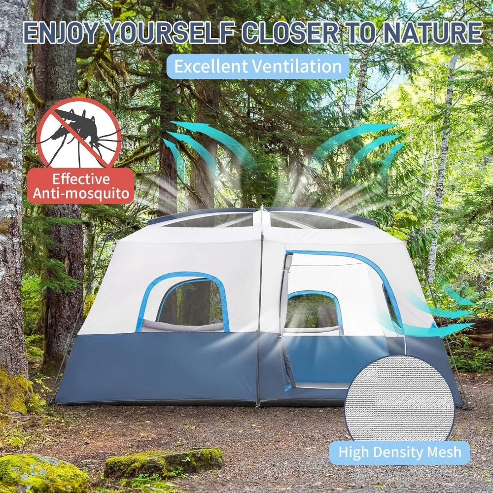 8/10 Person Camping Tent, Large 2 Room, Weatherproof Instant Cabin, Rainfly & Carry Bag for Backpack