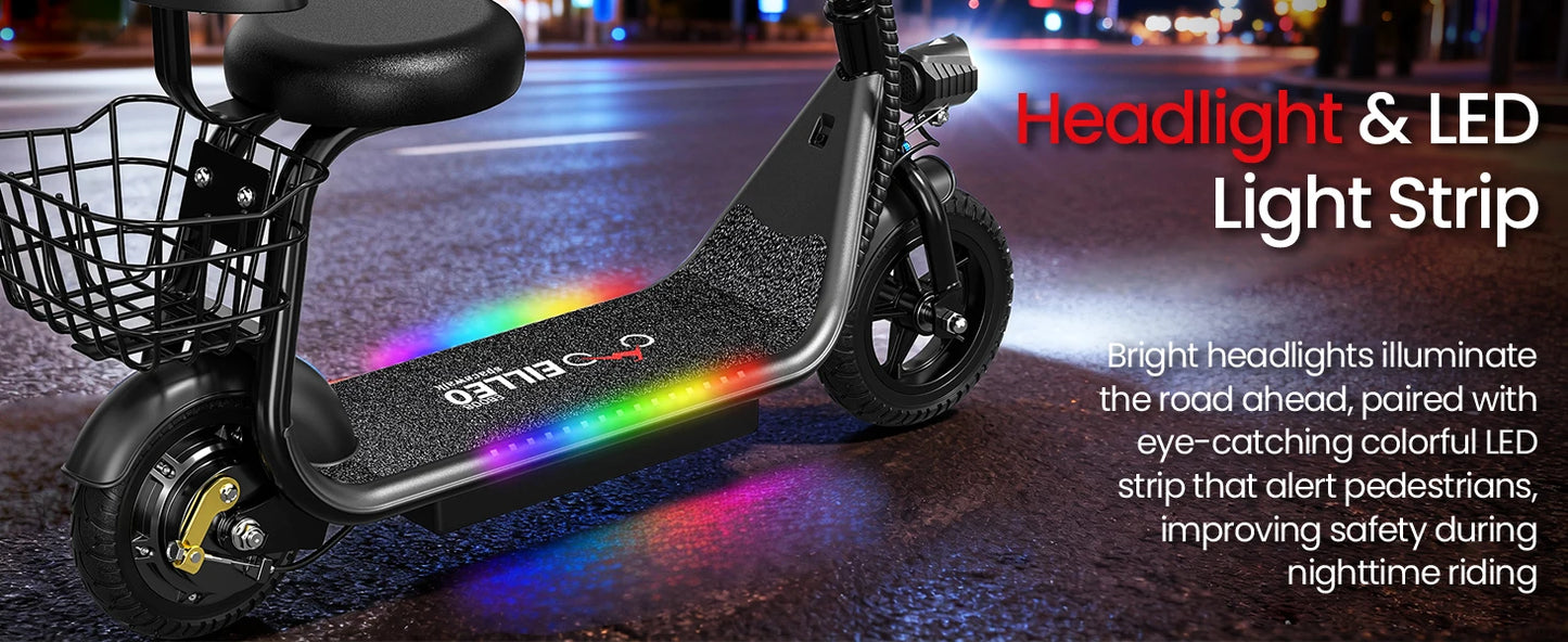 Kids E-Scooter, Blue tooth Speaker Foldable Design Seat, Basket LED Light Strip 11MPH Speed 132lbs