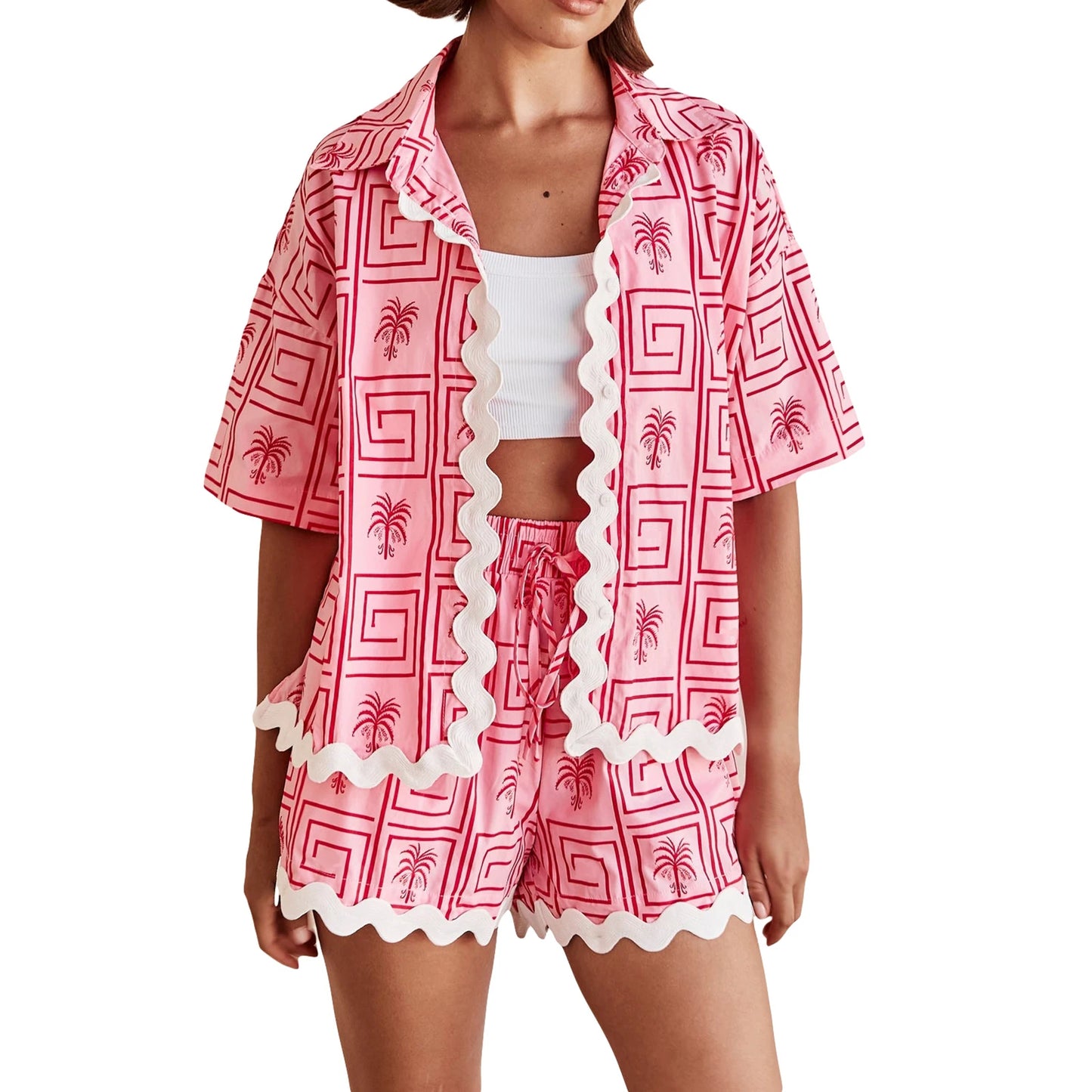 Women s Summer Loungewear Set Fashion Print Short Sleeve Lapel Button T-Shirt ,Trim Shorts Sleepwear