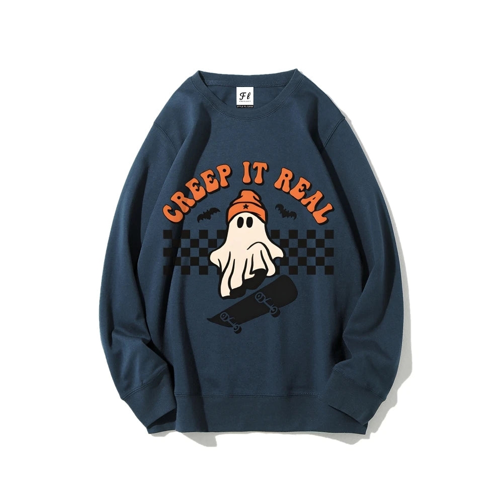 Retro Halloween Creep It Real Sweatshirts Ghost Skateboarding Graphic Sweater Top Fall Winter