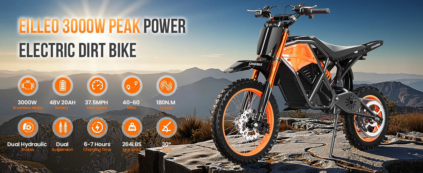 48V E-Dirt Bike, Adults, 3000W Peak Power,14"/12" Fat Tire, 37.5MPH 60 Miles Range