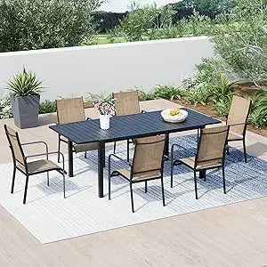 7-Piece All-Weather Rattan Patio Dining, 60" Wood Table, Removable Cushions & Umbrella Hole