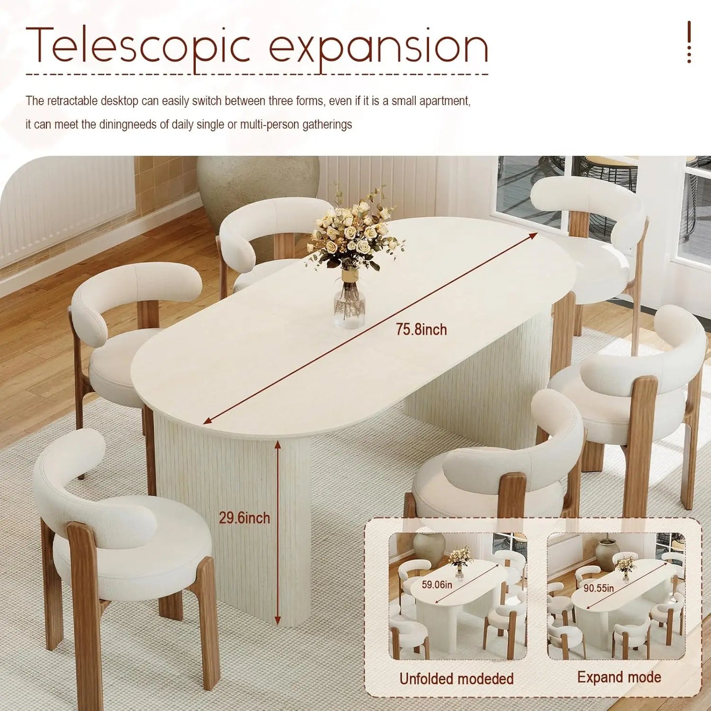 Extendable Oval Wooden Dining Table Seats 4-8 Curved Fluted Base 90in White Oak 4 Panels