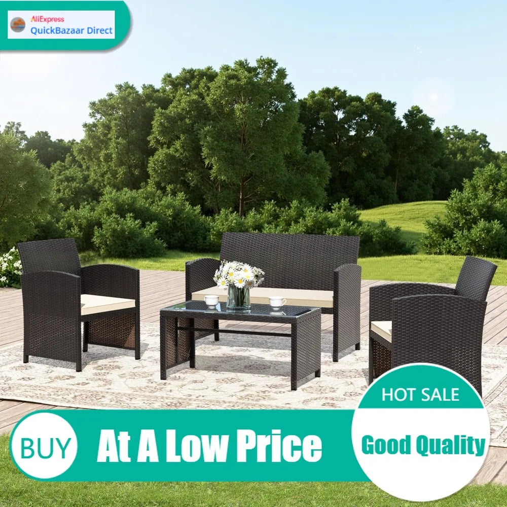 Premium 4-piece patio, wicker conversation set, 2 rattan chairs1 loveseat 1 coffee table remove cush