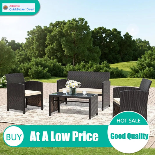 Premium 4-piece patio, wicker conversation set, 2 rattan chairs1 loveseat 1 coffee table remove cush