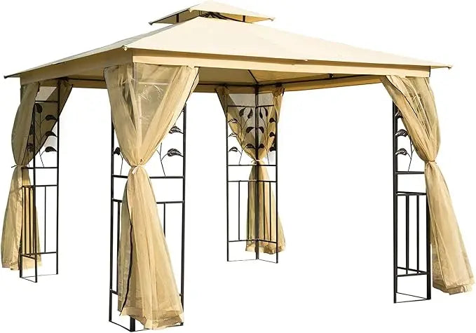 10' x 10' Metal Patio Gazebo, Double Roof Outdoor Canopy Shelter with Tree Motifs Corners,Netting,