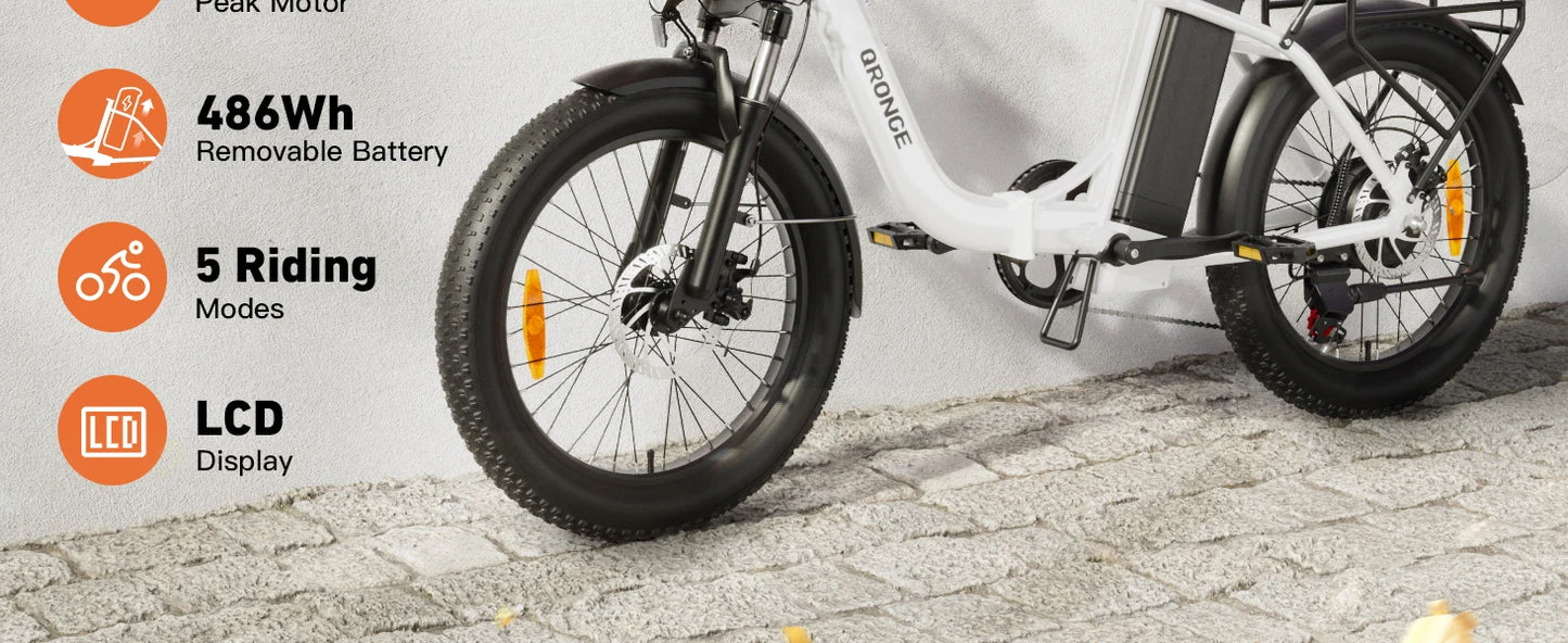 QRONGE Electric Bike 1000W Peak Folding Electric Bike 486Wh 70 Miles Range Ebike 20" Step-Thru Electric Bicycle with Bike Basket