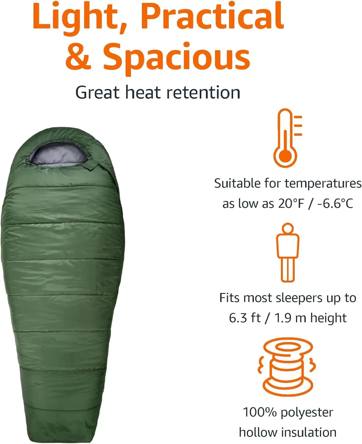 20°F Cold Weather Mummy Sleeping Bag, 82x33 Inches, Waterproof & Lightweight for Camping Hiking