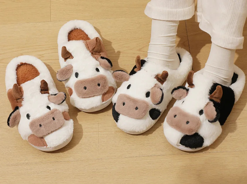 New winter neutral cartoon cow warm slippers for couples, indoor anti slip