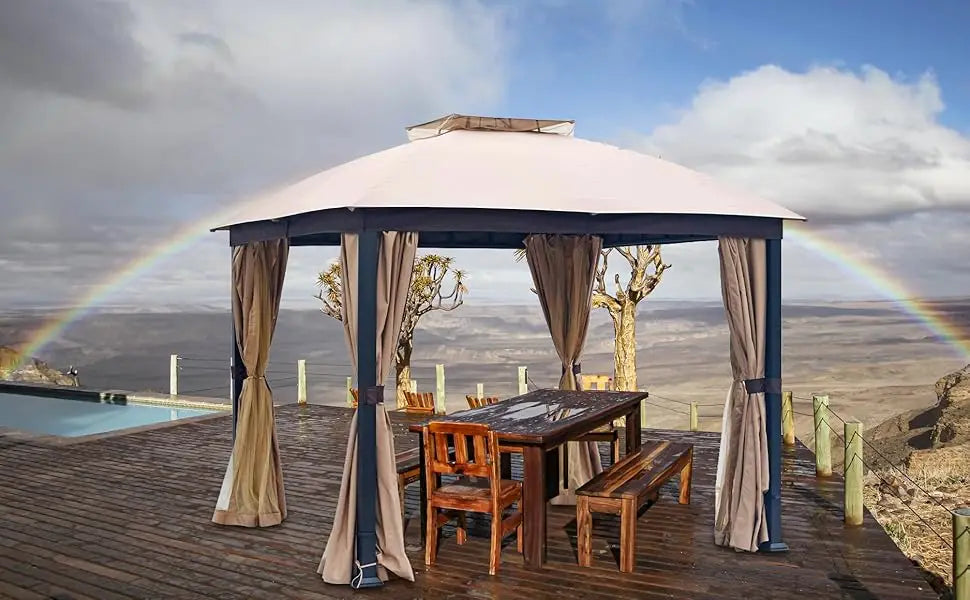 Patio Gazebo 10x12, Heavy Duty Soft Top Gazebos, Double Roofs, Anti-UV  Privacy Curtains & Netting
