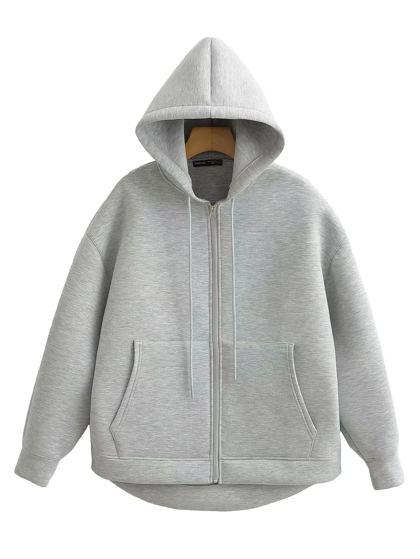 Autumn Women Gray Jacket, Hood Long Sleeve Big Pocket Zipper Woman Loose Casual Outerwear Coat Tops