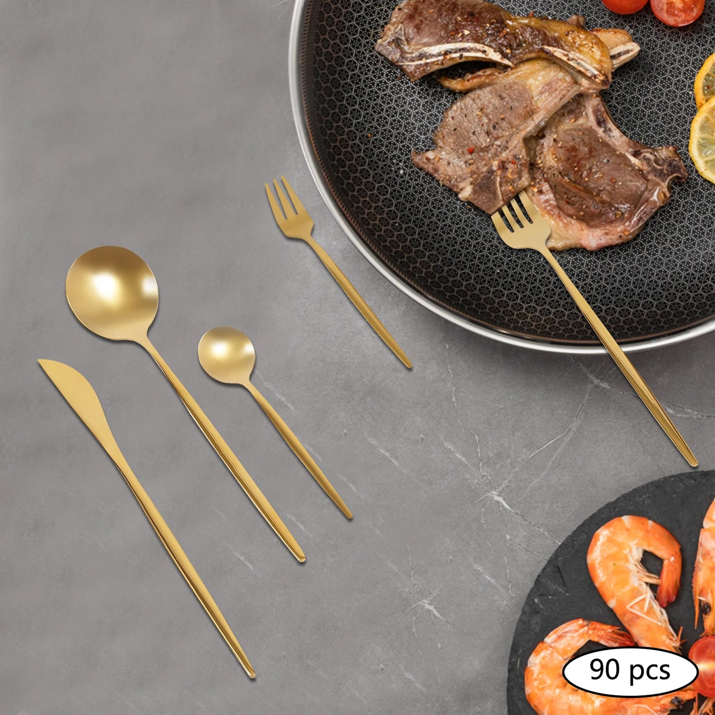 90 Pcs Gold Flatware Set Stainless Steel Utensil Kitchen Tableware Forks Knives Spoons Cutlery