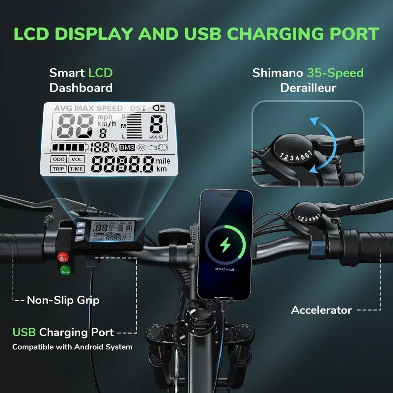 M10 Electric Bike Adult 500W, 26" Commuting, 20MPH Max Range 55+ Miles, Removable Battery