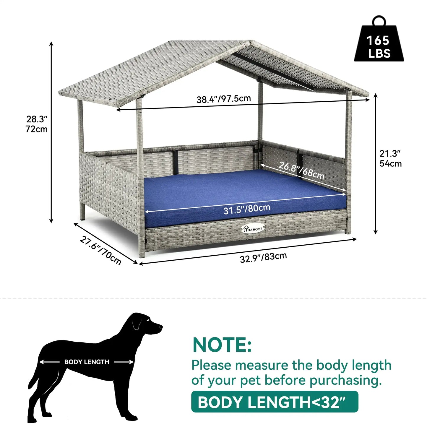 32.9in Outdoor Rattan Doghouse, Canopy, Elevated Water-Resistant, Blue Cushion for Small, Medium,