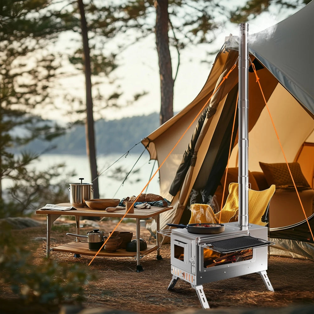 Portable Camping Wood Burning Stove Stainless Steel Tent Stove,7 Chimney Pipes Outdoor Camp Heating