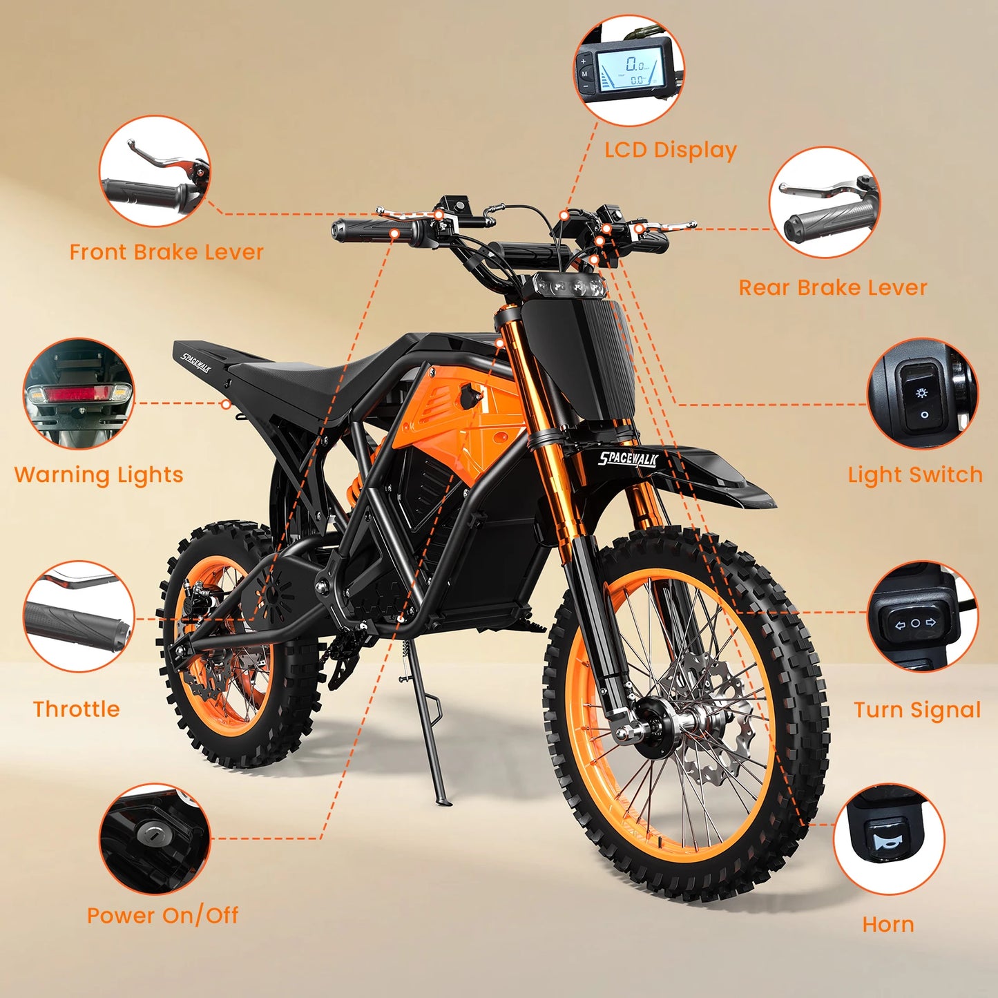 48V E-Dirt Bike, Adults, 3000W Peak Power,14"/12" Fat Tire, 37.5MPH 60 Miles Range