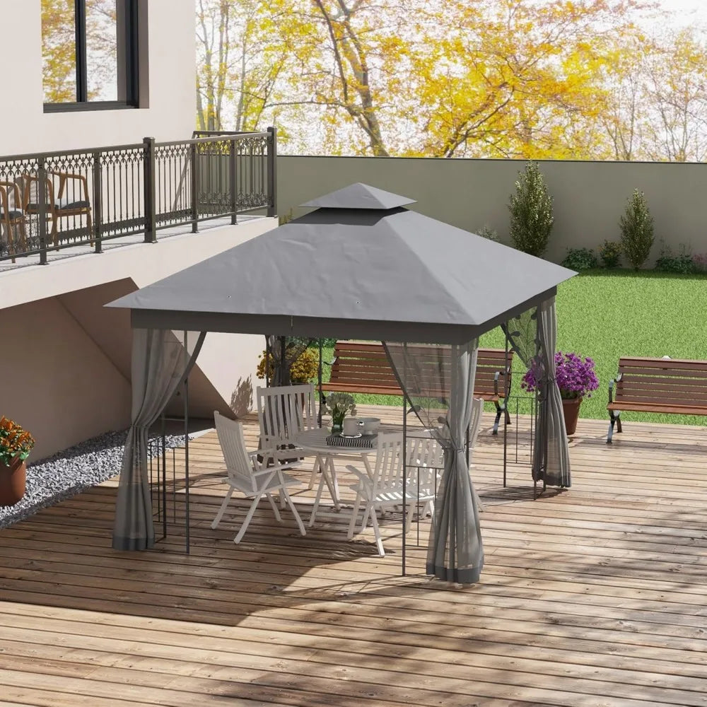10' x 10' Metal Patio Gazebo, Double Roof Outdoor Canopy Shelter with Tree Motifs Corners,Netting,