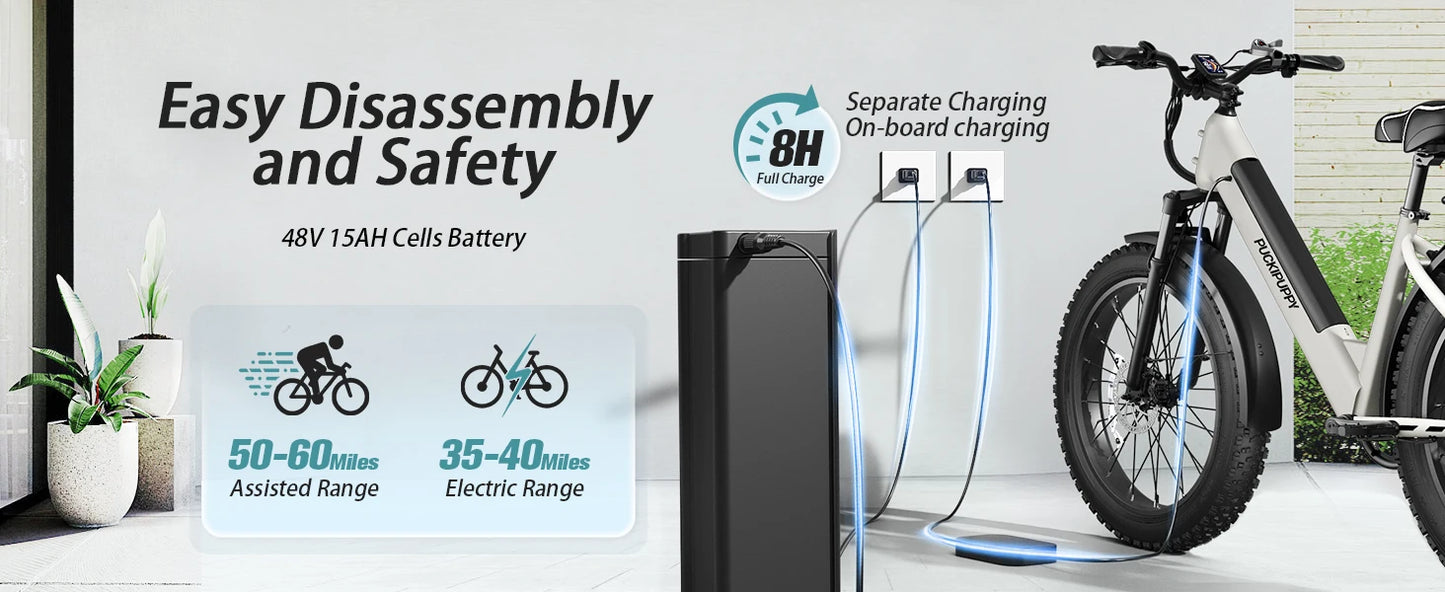 PUCKIPUPPY E-Bike, Adults 960W Peak 48V 15AH 7 Speed All Terrain 26" Fat Tire Front Suspension