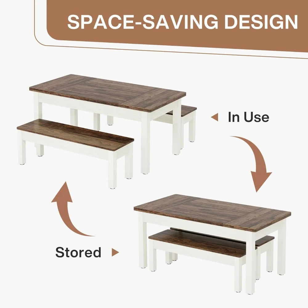 farmhouse table set, 4-6, 55-inch wooden table;benches, space saving 3 pieces heavy duty-indoor