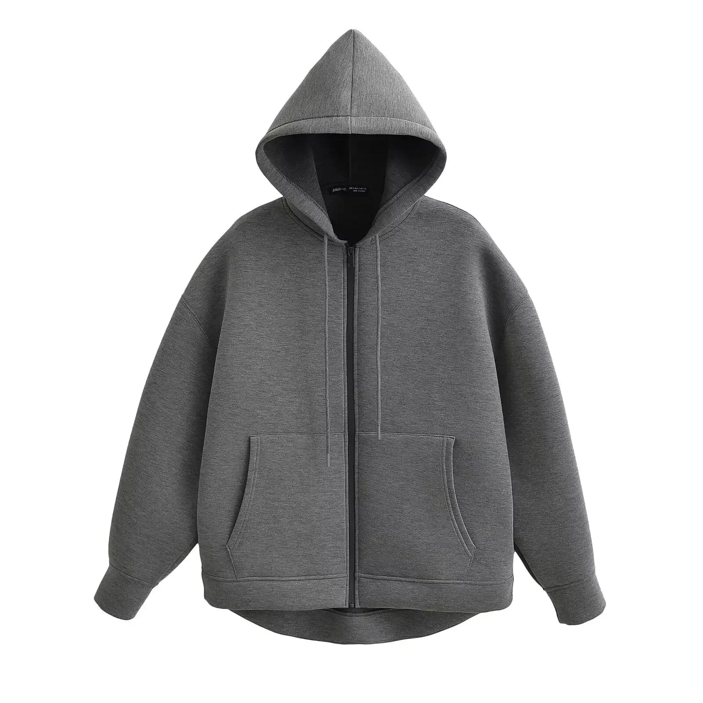 Autumn Women Gray Jacket, Hood Long Sleeve Big Pocket Zipper Woman Loose Casual Outerwear Coat Tops