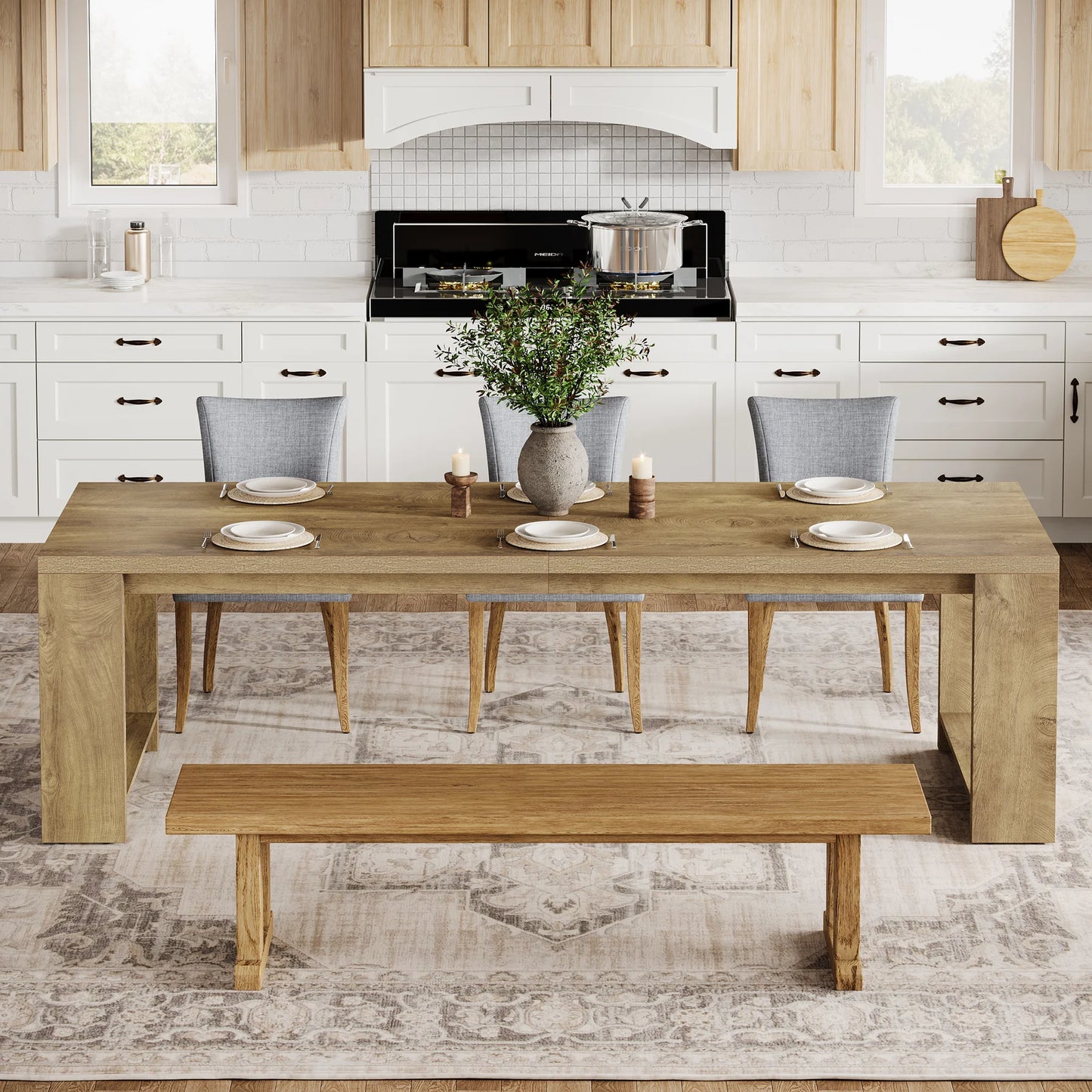 Tribesigns 86.61-Inch Dining Table for 6-8 People, Modern Long Kitchen Table,Pedestal Base, indoor