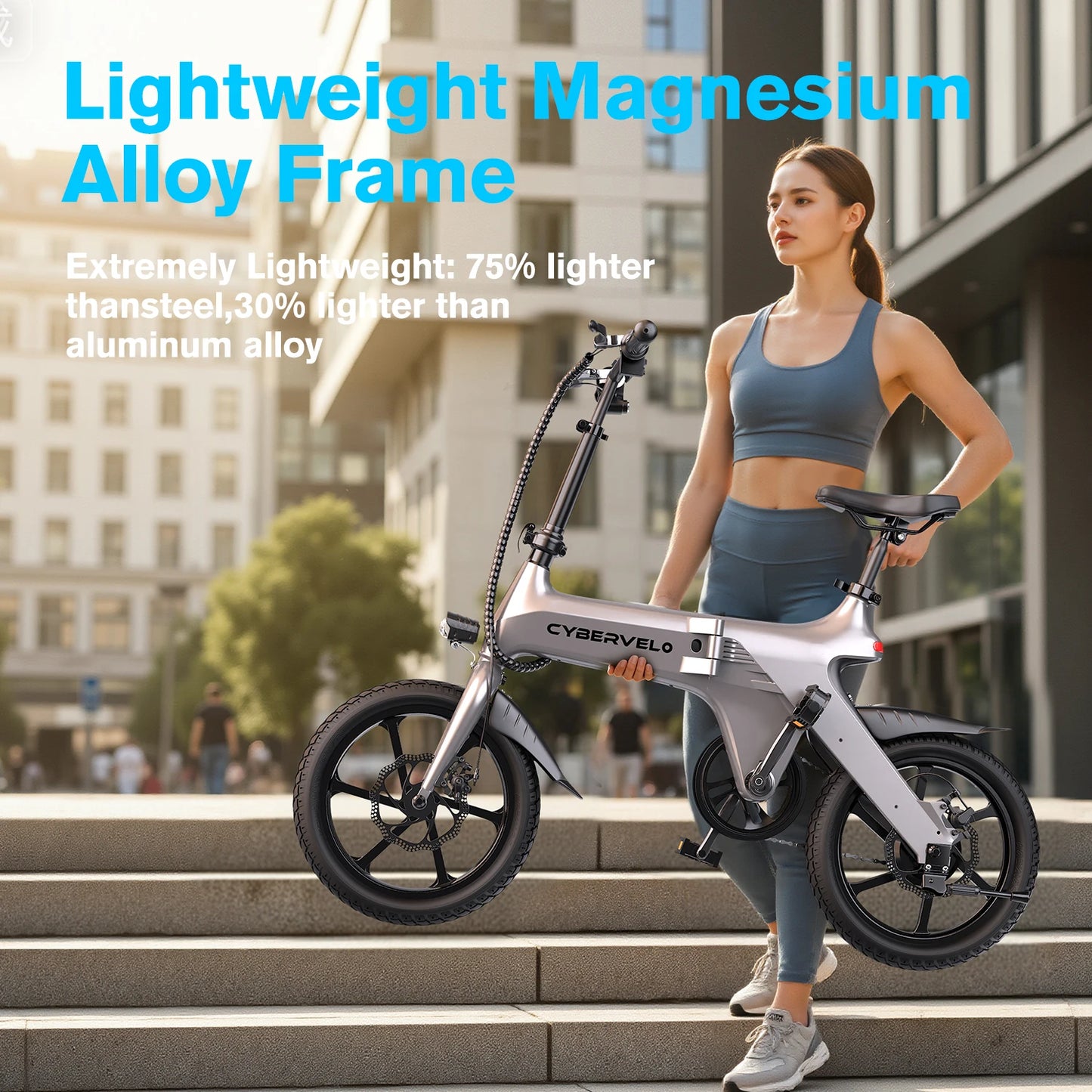 Cybervelo 500W Peak Motor, Foldable E-Bike,City 20MPH Ultra light weight Long Range Commuter