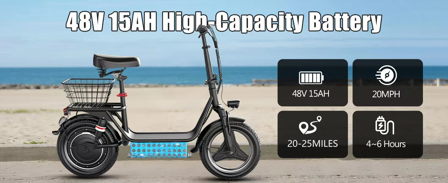 E-Scooter Adults,650W Peak Motor,48V15AH Battery, Seat,Up to 20MPH,25Miles Long Range,With Basket