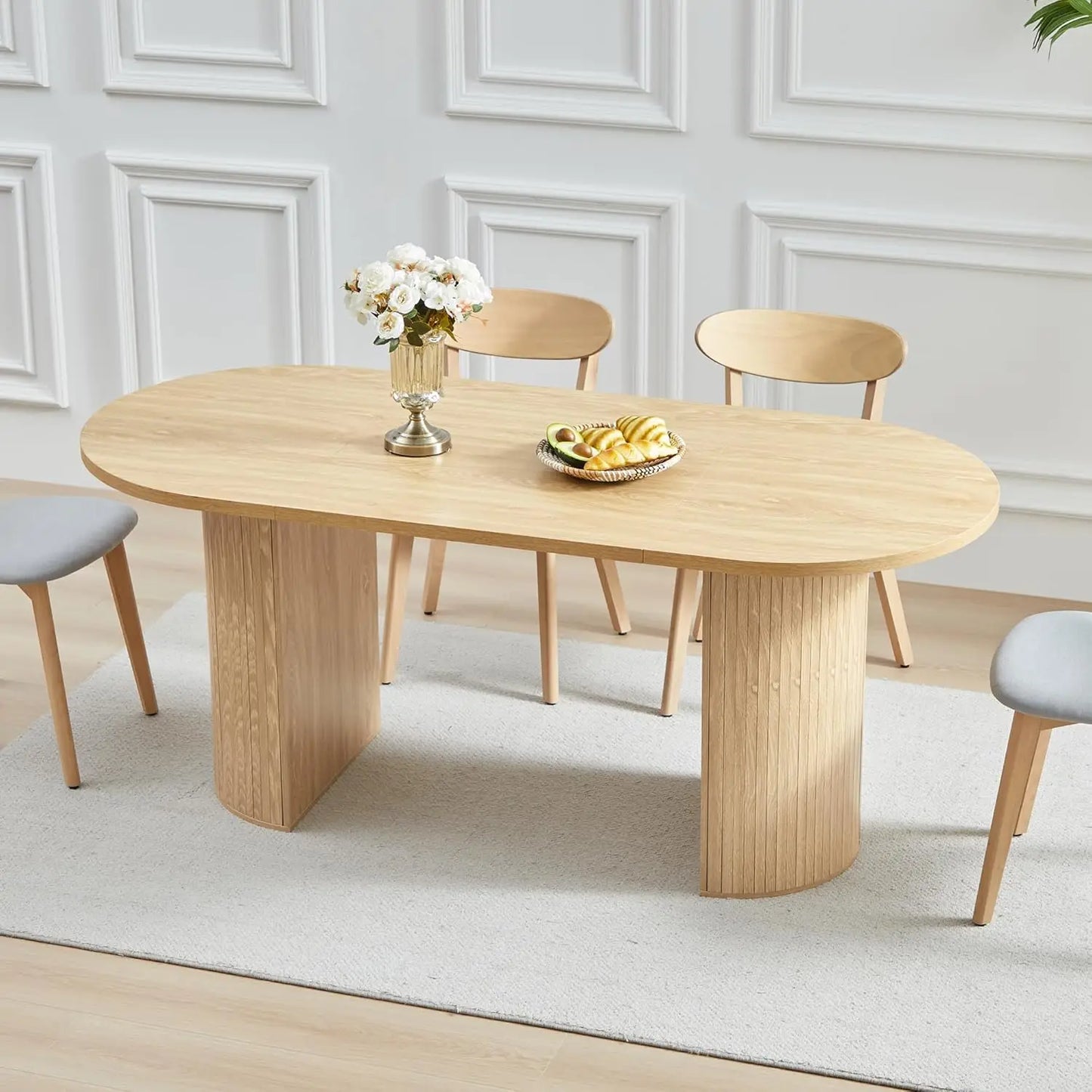 41 in-78 in Extendable Dining Room Table, 4-8, Round Expandable Table, Fluted Base, Modern Farmhouse