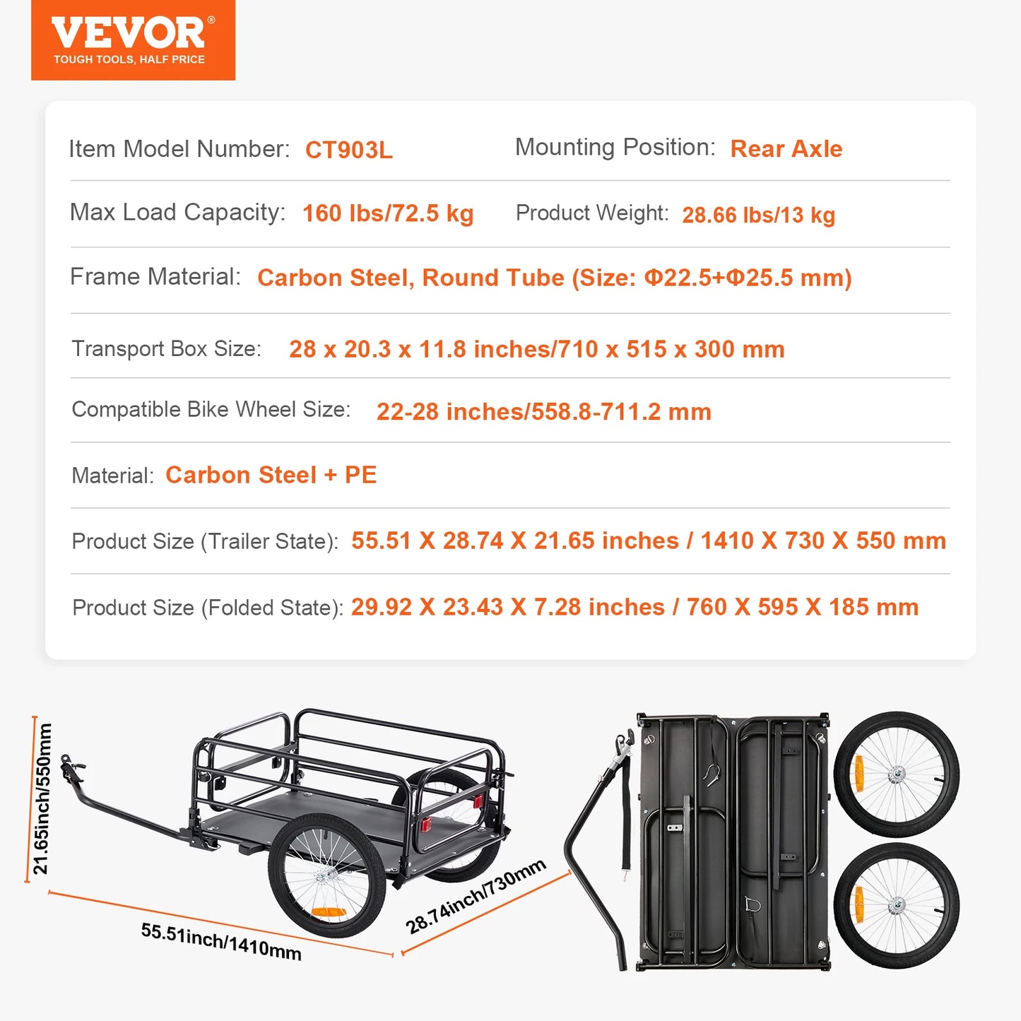 ]60 lbs Bike Cargo Trailer Foldable  Bicycle Wagon, 16" Wheels Reflectors Fits 22"-28" Bike Wheels