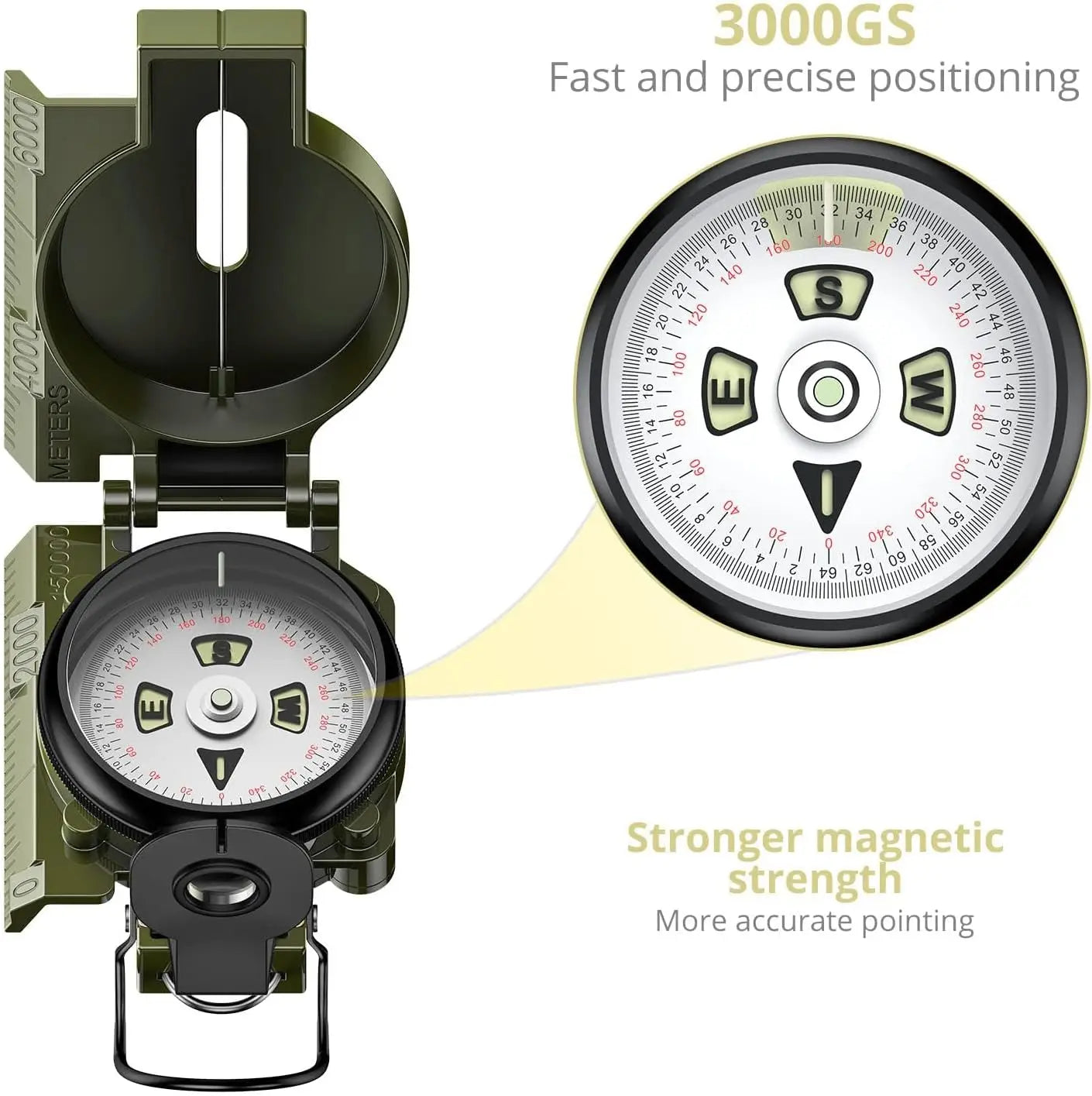 Compass, Clinometer, Strong Magnetic Intensity 3000 Gauss Professional Military Compass Waterproof