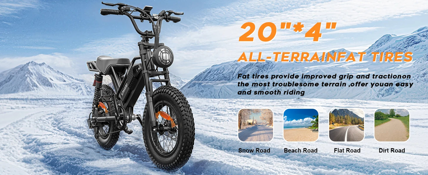 Mountain E-Bike , 20" Fat Tire Wider Seat 750W Peak Motor, Removable Battery, 4X Suspension