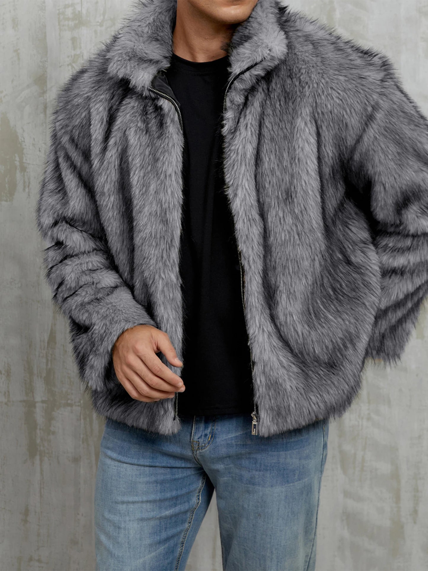 Men s Faux Fur Jacket Winter Thick Long Sleeve Stand Collar Loose Zip Up Warm Outwear Windbreaker