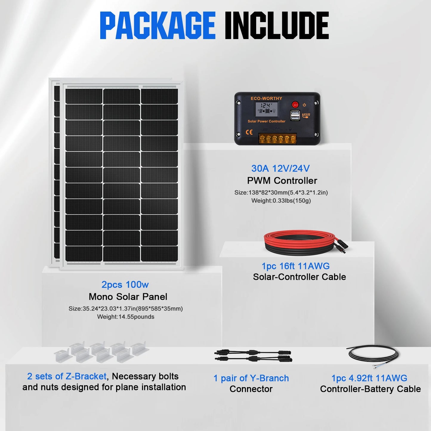 200 Watts 12 Volt/24 Volt Solar Panel Kit,High Efficiency Monocrystalline, 30A PWM Charge Control