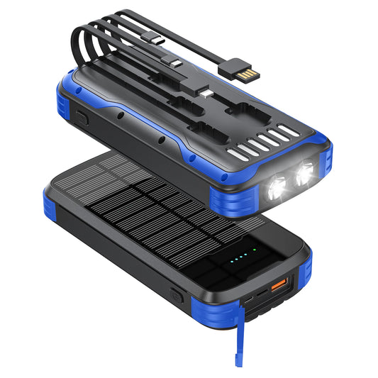 Solar-Power-Bank-Charger, 40000mAh Portable Phone Charger Built in 4 Cables /Output, PD 20W Fast