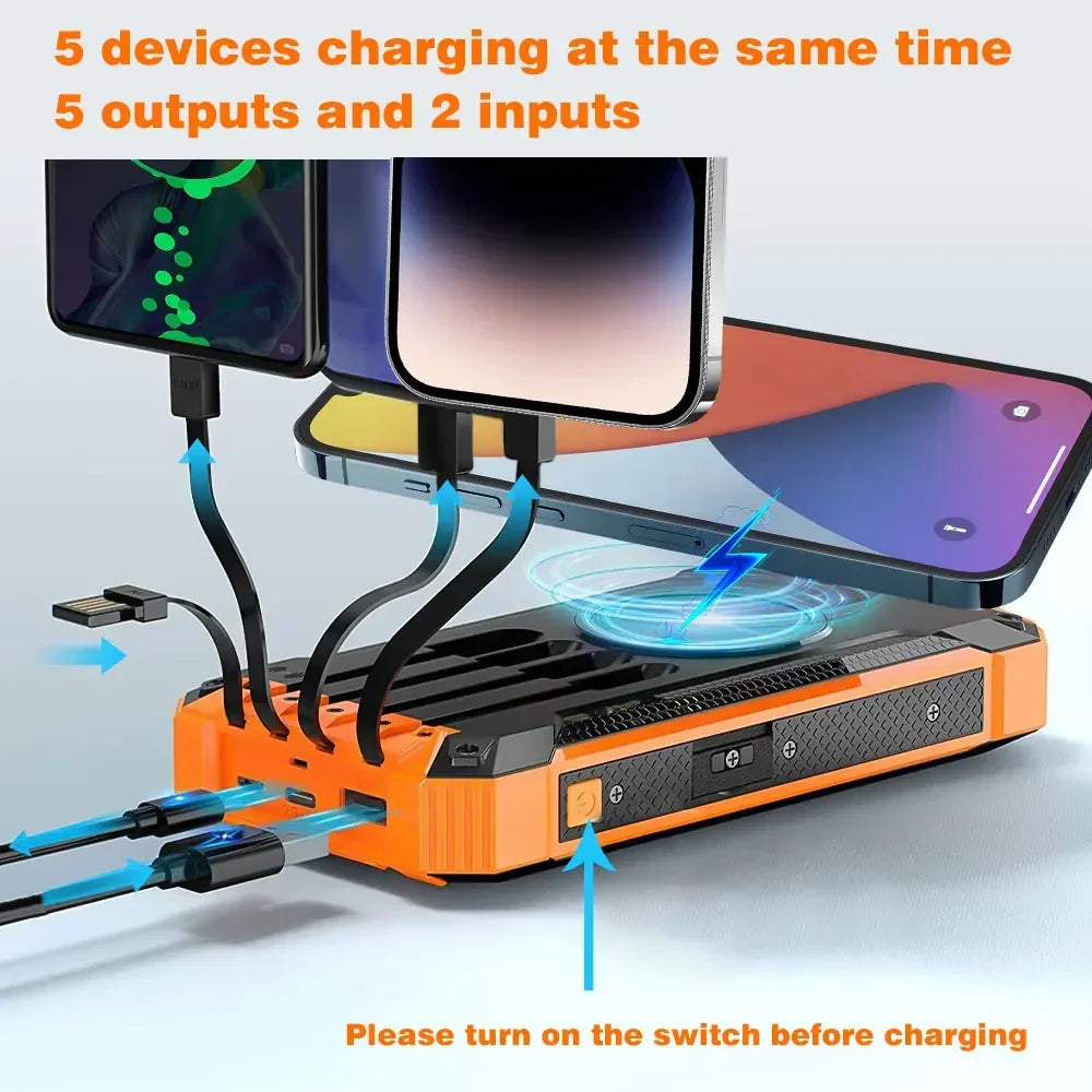 Solar Power Bank Ultra Large Capacity USB 4 in1 Super Fast Charging Built in Cables TypeC LED Light