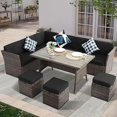 7 Piece Patio Set, Outdoor PE Wicker Rattan, Dining Table, Chairs Set, Patio Conversation Sofa patio
