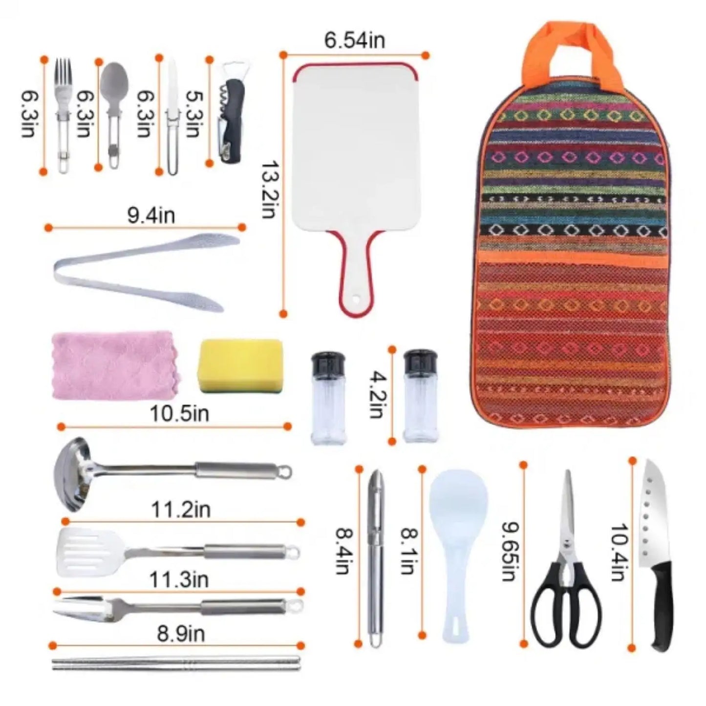 19pcs camp cooking kit Portable picnic cookware Outdoor kitchen Gear campfire BBQ kit w\storage bag
