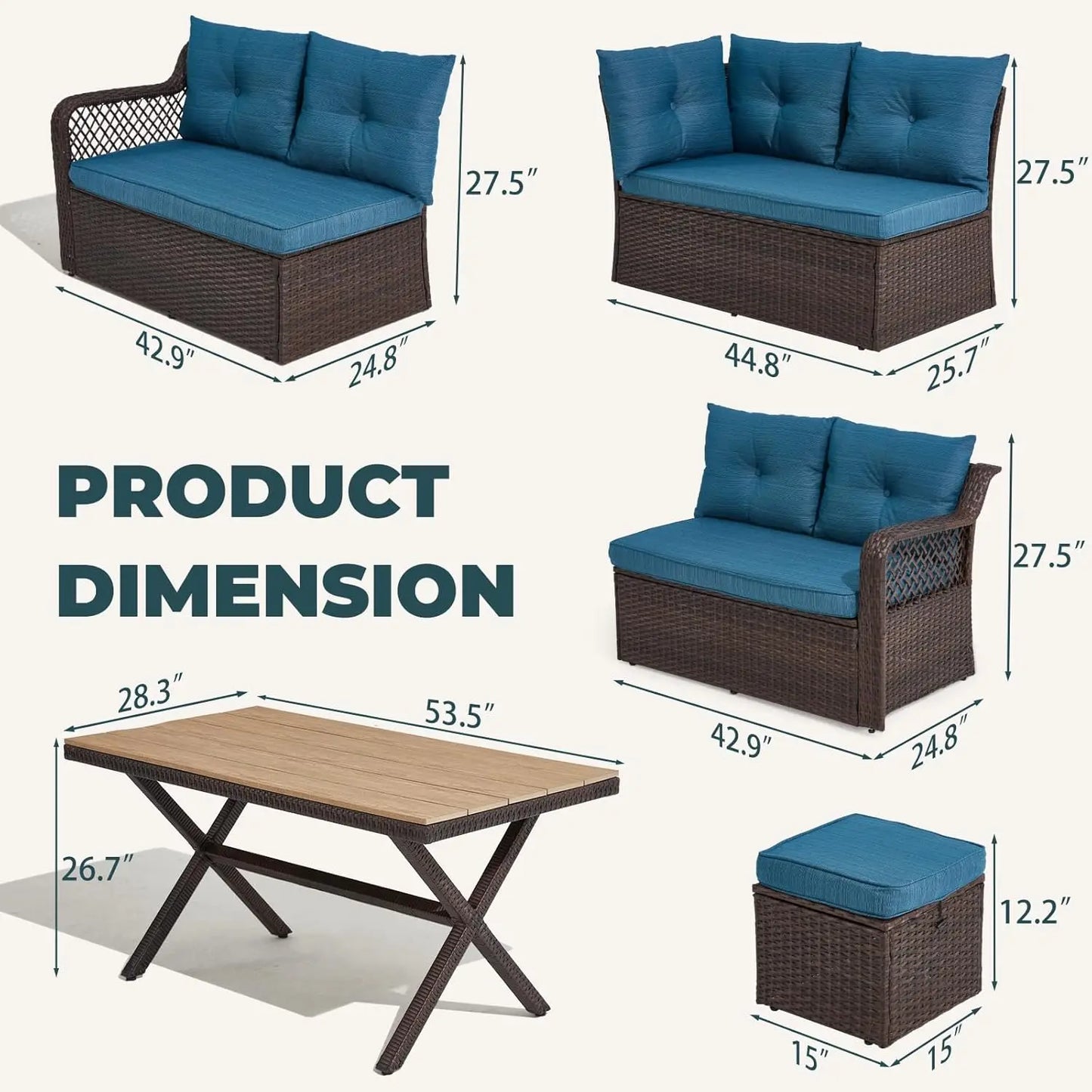 7 Pieces Patio  Dining Set, Patio Dining Sets with HDPE Table & Chairs, Ottamans for Garden, Deck
