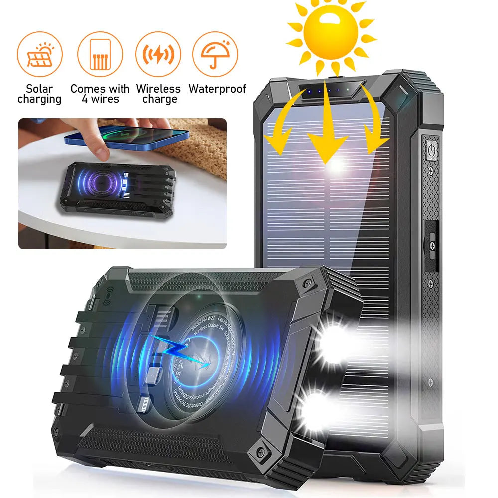 Solar Power Bank Ultra Large Capacity USB 4 in1 Super Fast Charging Built in Cables TypeC LED Light