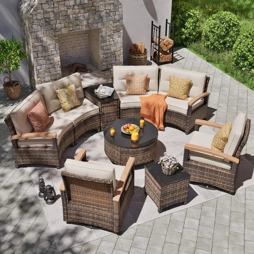 9 Piece Outdoor Patio Furniture Set, Half-Moon Curved Sectional Sofa Rattan Patio Conversation
