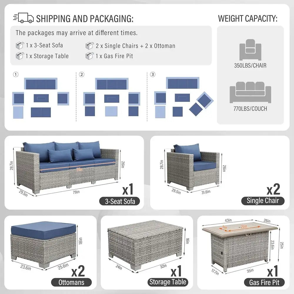 6-Piece Grey PE Rattan Outdoor Sectional Sofa Set with Fire Pit Table and Navy Blue Cushions
