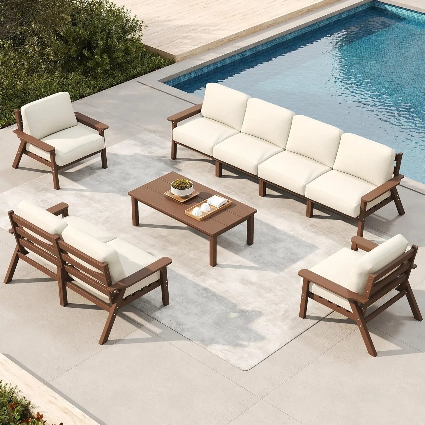 Patio Set 8 Seats, Outdoor Sectional, Beige Washable Thick Cushions, Coffee Table, Patio