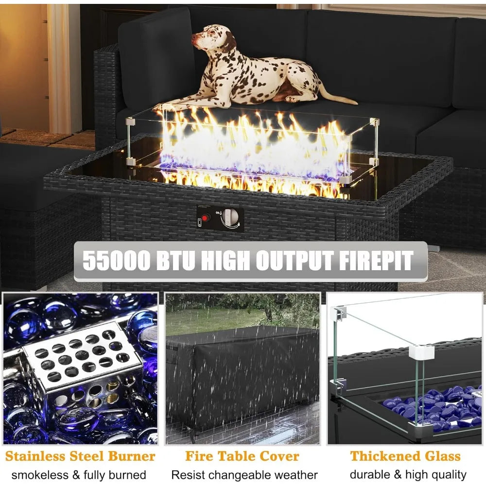 15 Piece Patio Furniture Set, Fire Pit Table, Wicker Rattan Sectional Sofa with Coffee Table